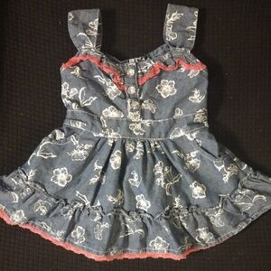 Denim Floral Sundress with Pink Lace Trim
